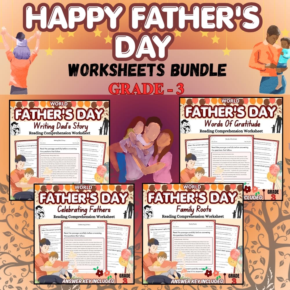 Grade 3 Fathers Day Holiday Custom Bundle - Common Core Worksheets — bundle cover