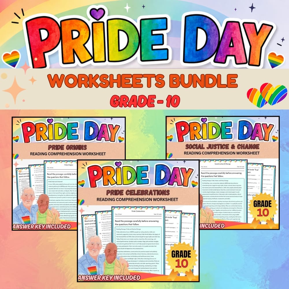 Grade 10 Pride Day Holiday Custom Worksheet Bundle | C3 Framework — bundle cover