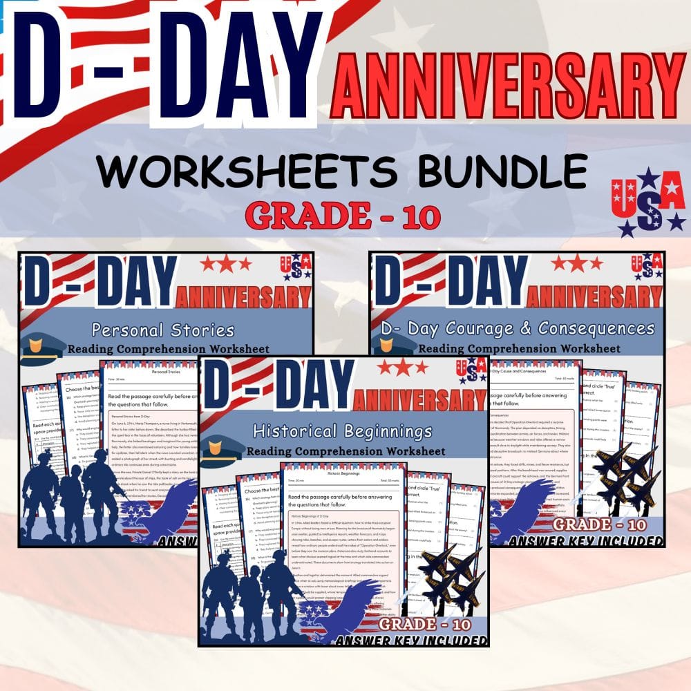 Grade 10 D Day Holiday Reading Skills Custom Bundle | Common Core ELA — bundle cover