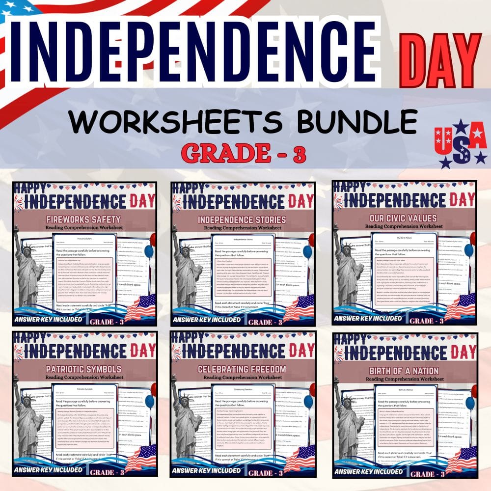 Grade 3 Independence Day Holiday Lesson Bundle (C3 Framework Worksheets) — bundle cover
