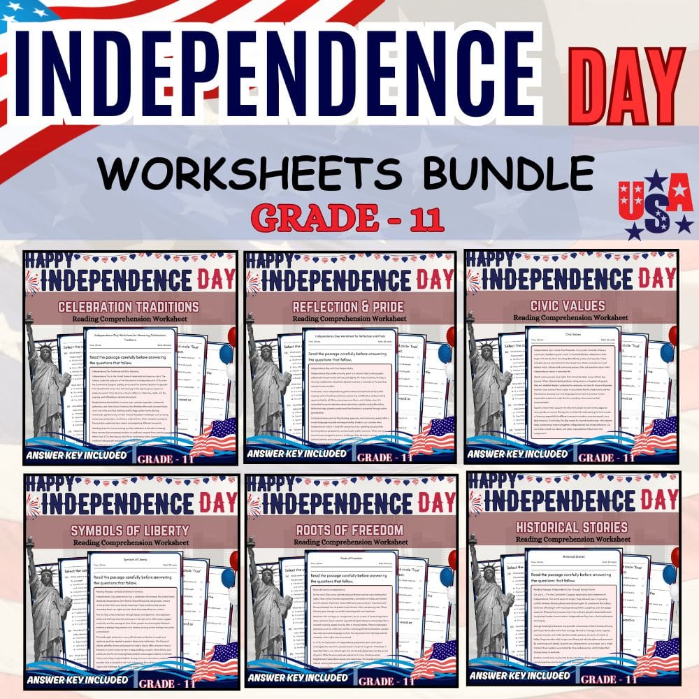 Grade 11 Independence Day Holiday Custom Bundle (CCSS ELA) Worksheets — bundle cover