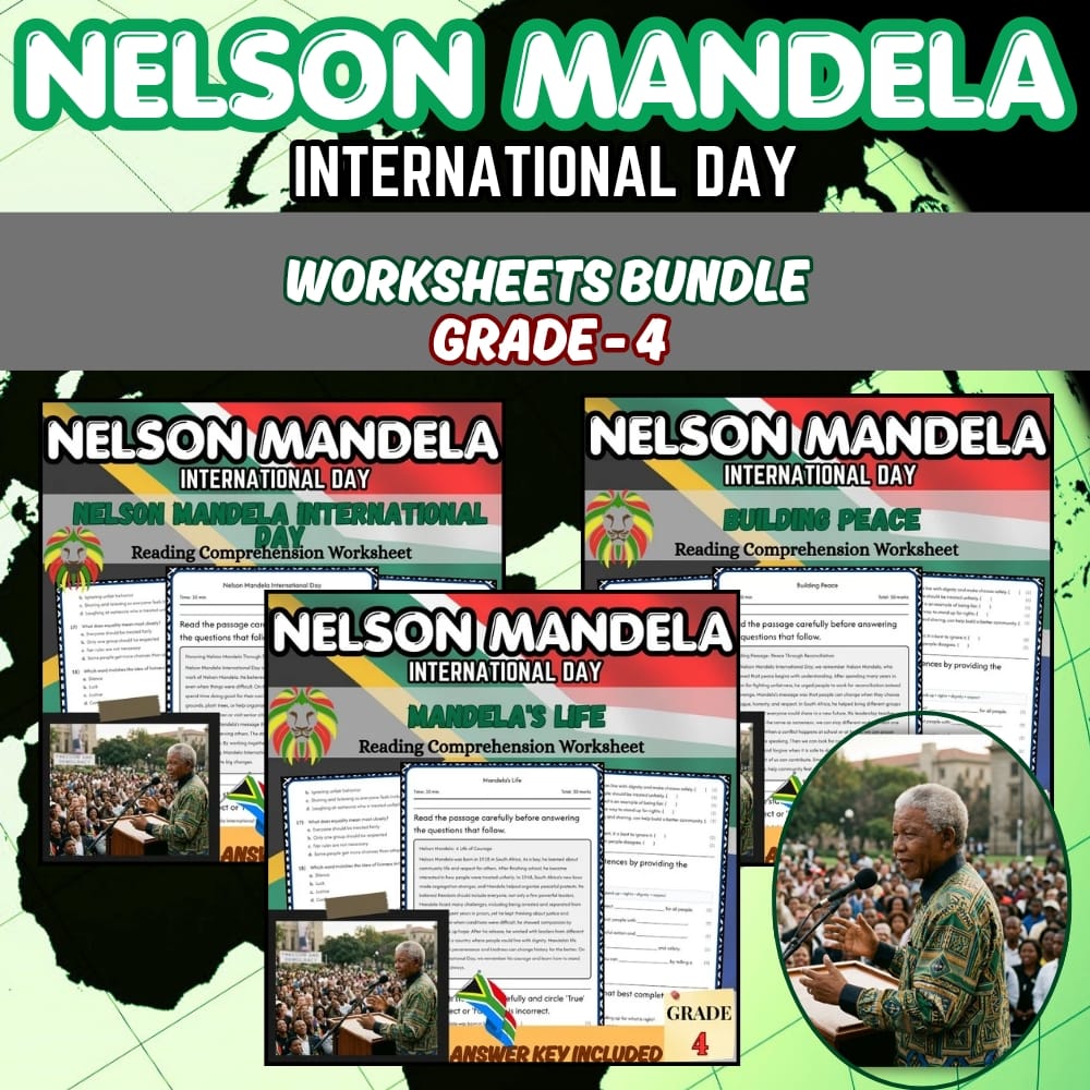 Grade 4 Nelson Mandela International Day Holiday Lesson Bundle | CCSS — bundle cover