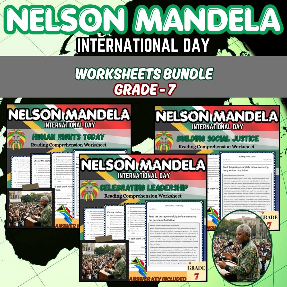 Grade 7 Nelson Mandela International Day Holiday Lesson Bundle | CCSS ELA — bundle cover