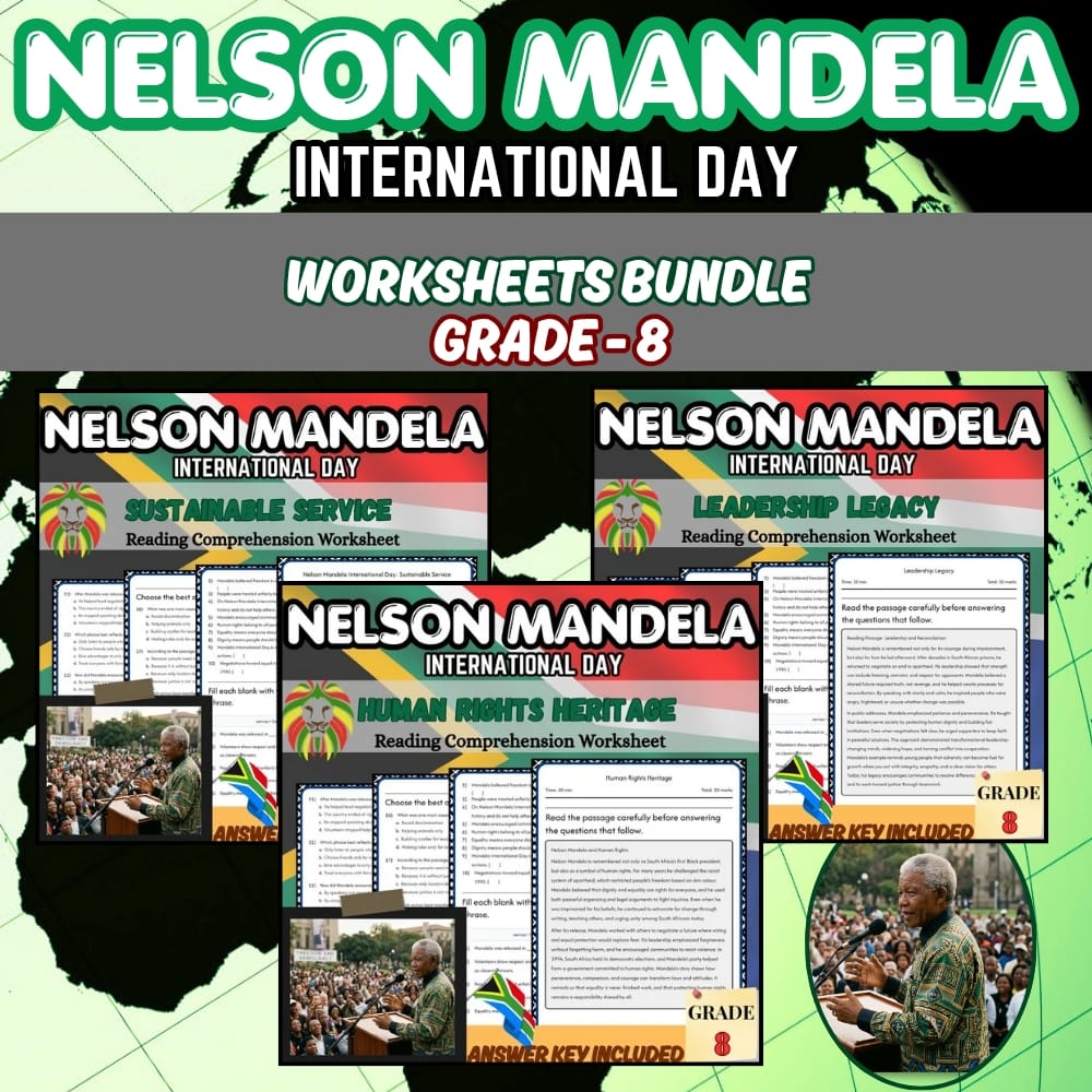 Grade 8 Nelson Mandela International Day Holiday Lesson Bundle - UDL Framework — bundle cover