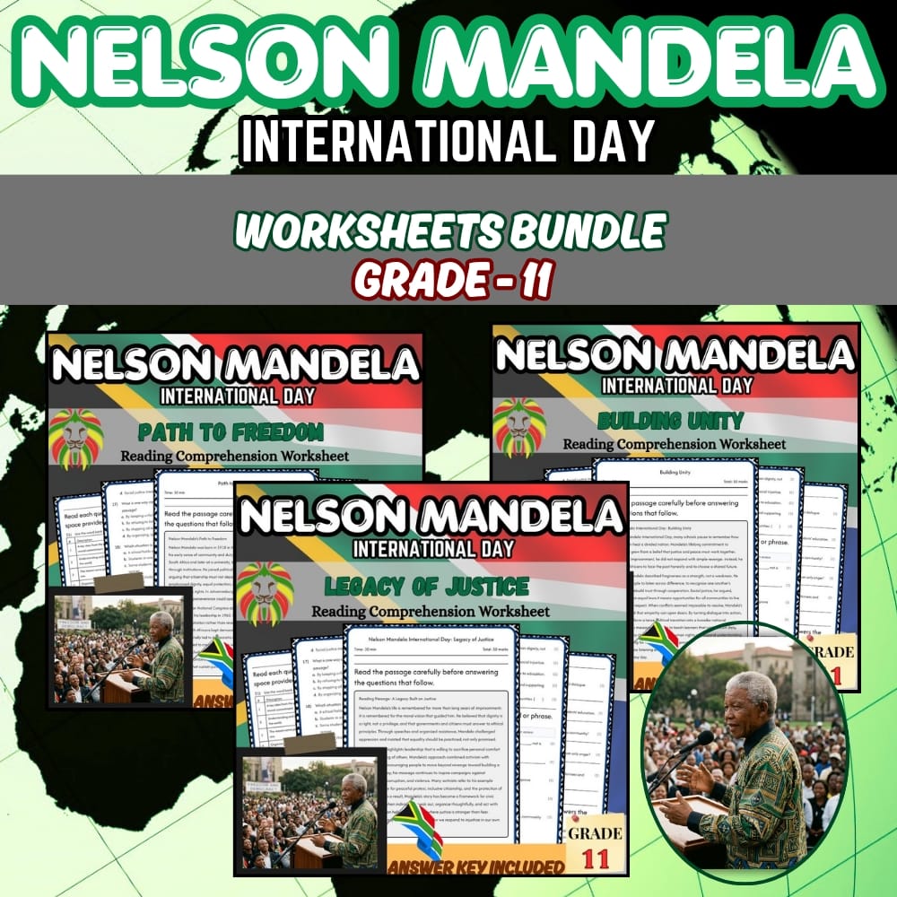 Grade 11 Nelson Mandela International Day Holiday Lesson Bundle (C3 Framework) — bundle cover