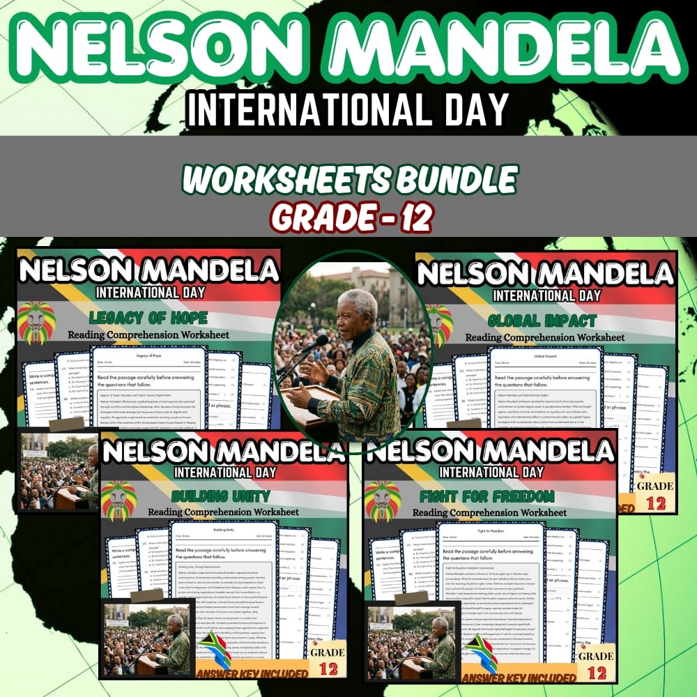 Grade 12 Nelson Mandela International Day Custom Bundle 5E Worksheet Pack — bundle cover