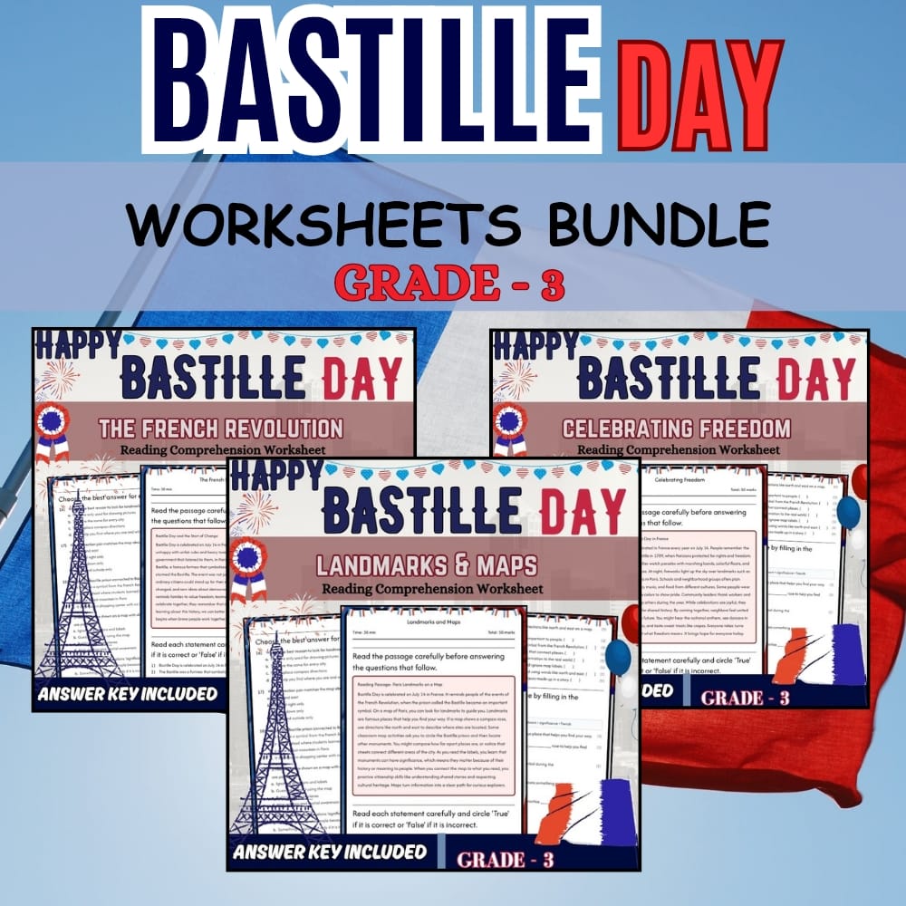 Grade 3 Bastille Day Holiday Maps & Revolution Custom Bundle CCSS — bundle cover