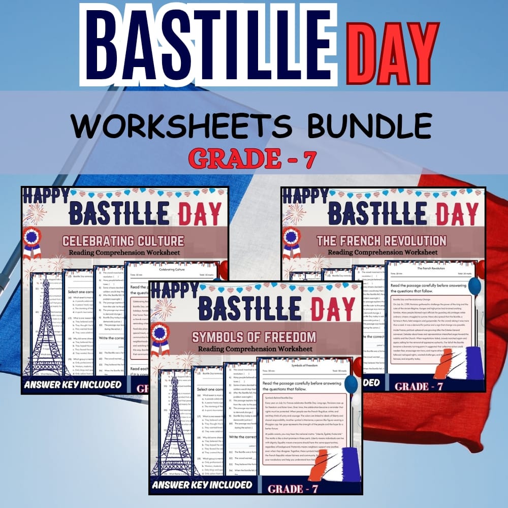 Grade 7 Bastille Day Holiday Recognition Worksheets: Custom Bundle (CCSS) — bundle cover