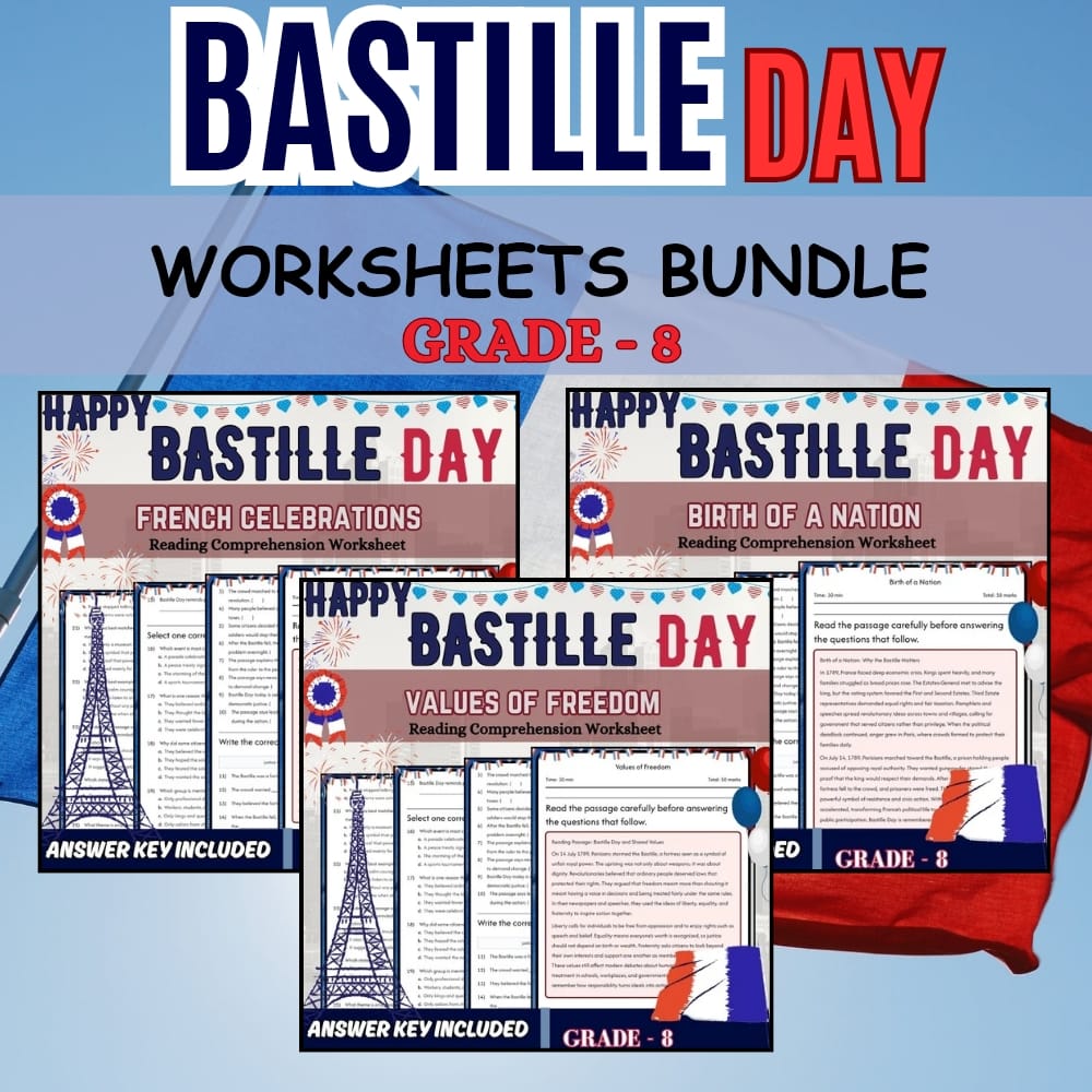 Grade 8 Bastille Day Holiday Custom Bundle | CCSS ELA Worksheet Set — bundle cover