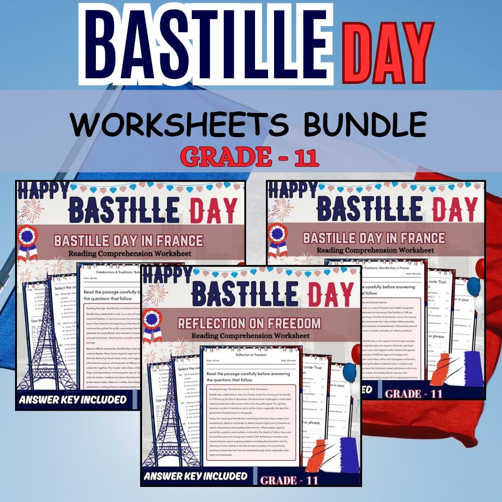 Grade 11 Bastille Day Holiday Lesson Bundle (CCSS ELA) Worksheets — bundle cover