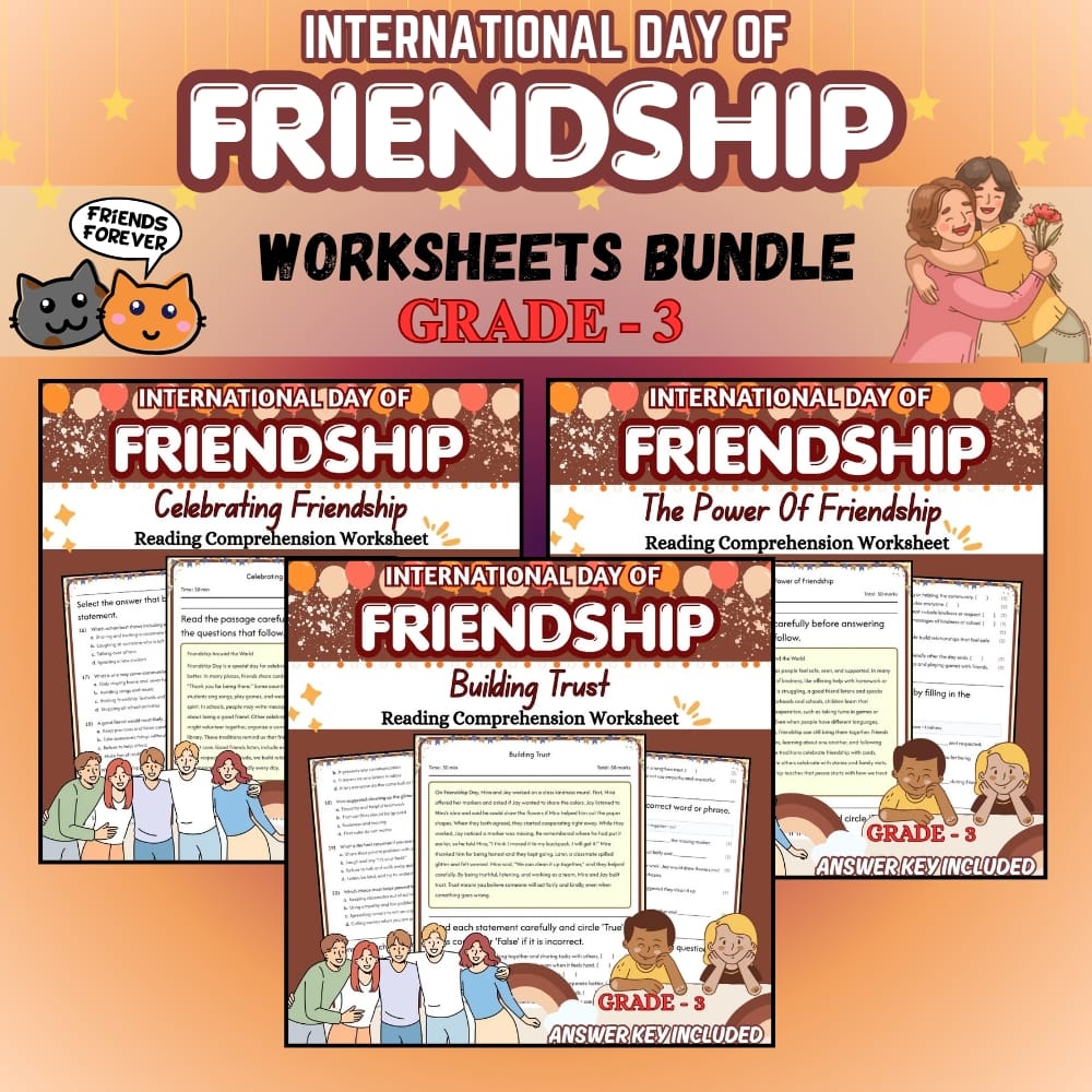Grade 3 Friendship Day Holiday Custom Bundle: SEL Practice Worksheets — bundle cover
