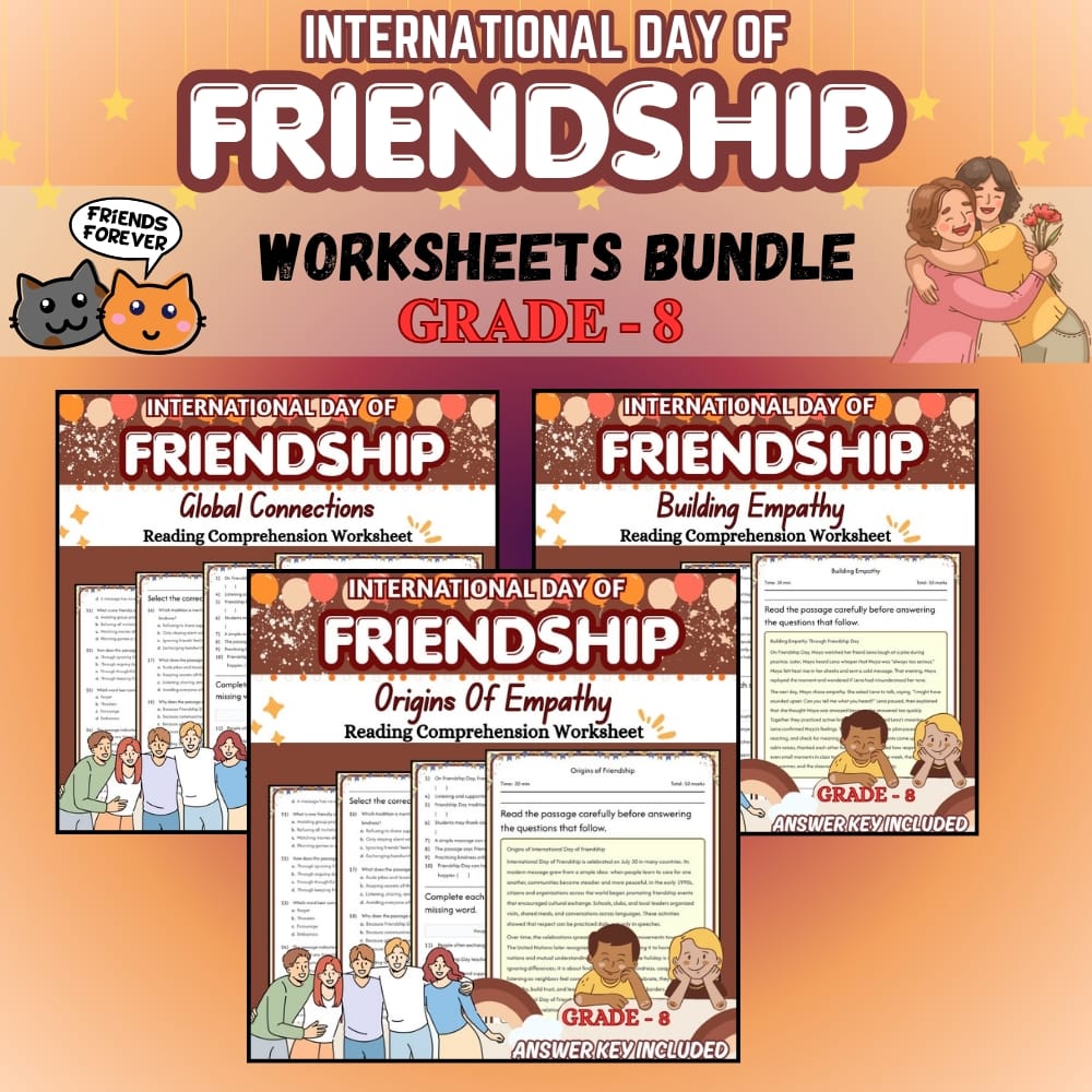 Grade 8 Friendship Day Holiday Custom Bundle SEL Framework Worksheets — bundle cover