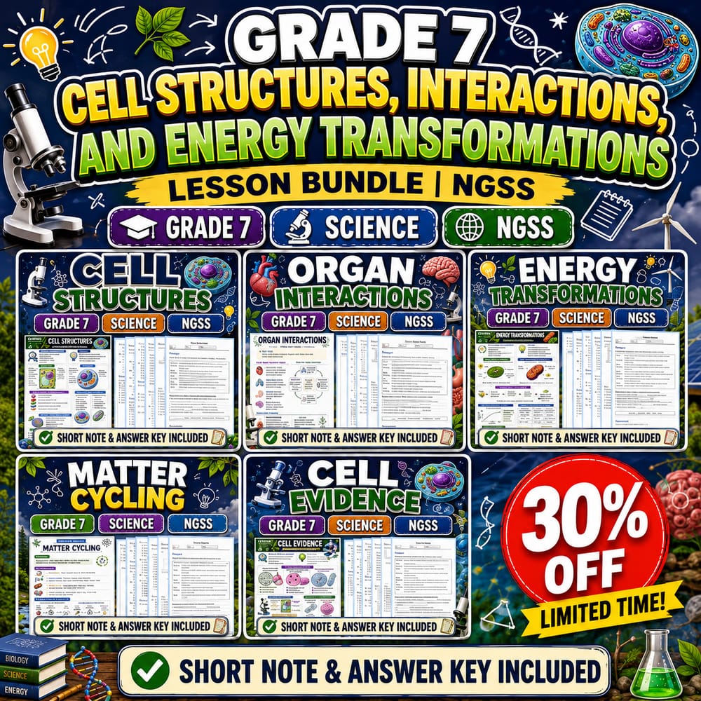 Grade 7 Cell Structures, Interactions, and Energy Transformations Lesson Bundle | NGSS — bundle cover