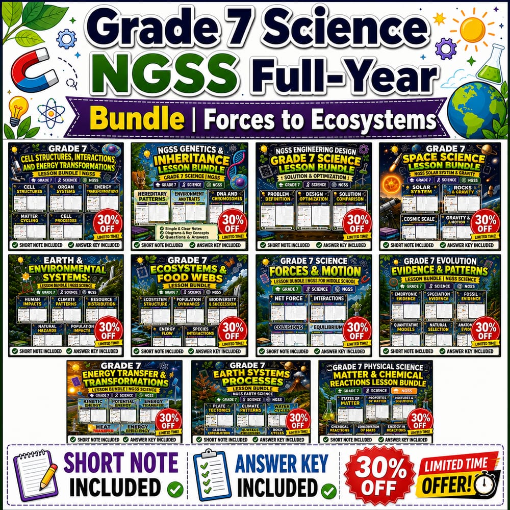 Grade 7 Science NGSS Full-Year Bundle | Forces to Ecosystems — bundle cover