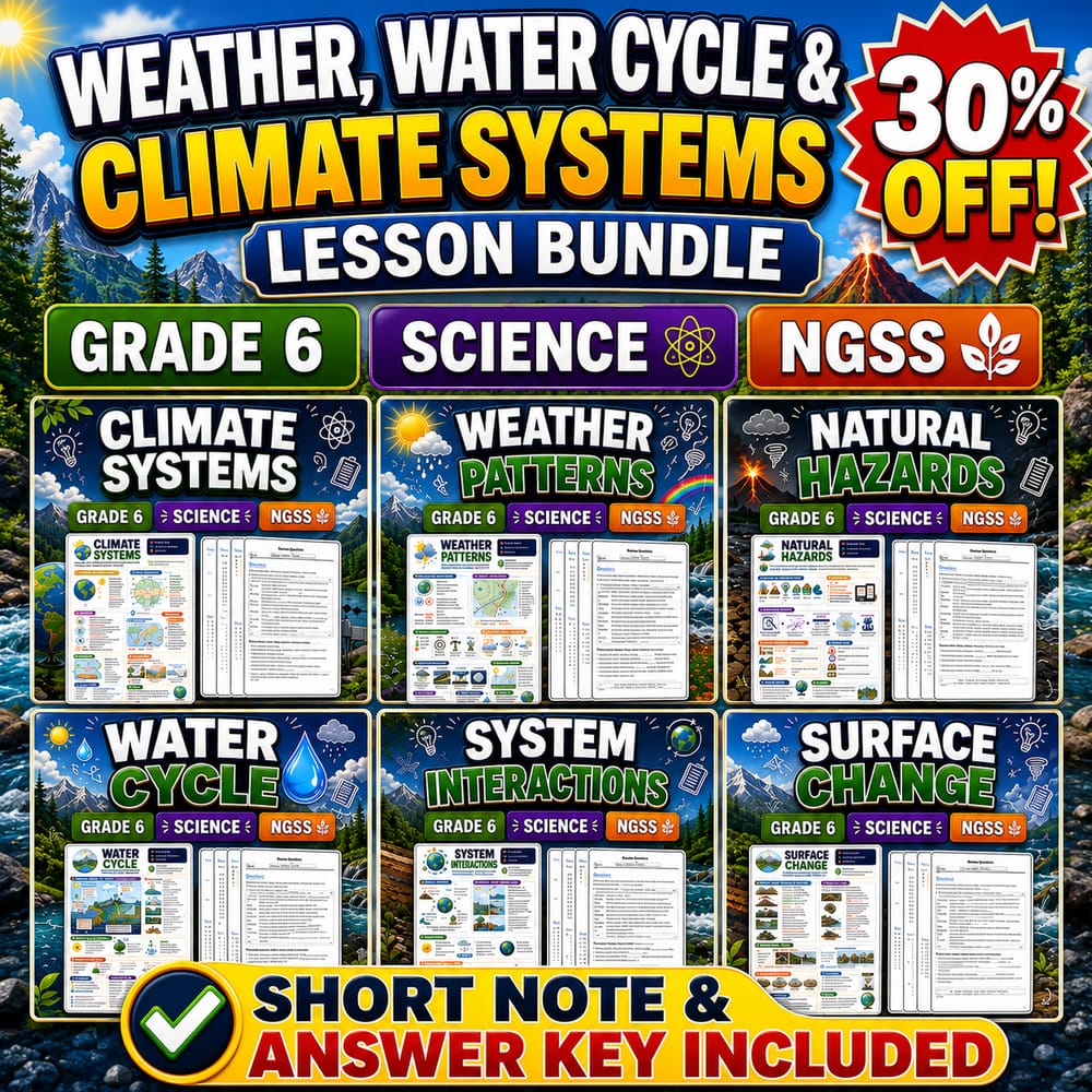 Weather, Water Cycle & Climate Systems Lesson Bundle | Grade 6 Science | NGSS — bundle cover
