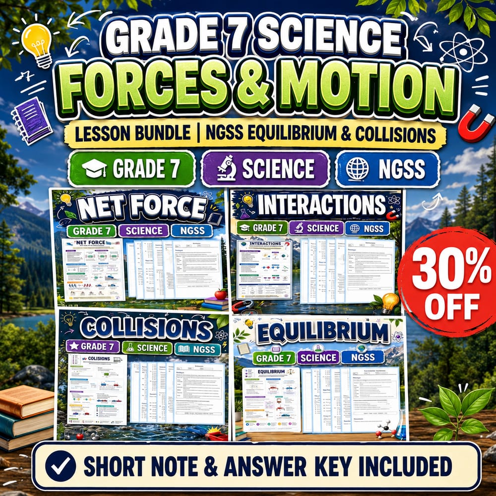 Grade 7 Science Forces & Motion Lesson Bundle | NGSS Equilibrium & Collisions — bundle cover