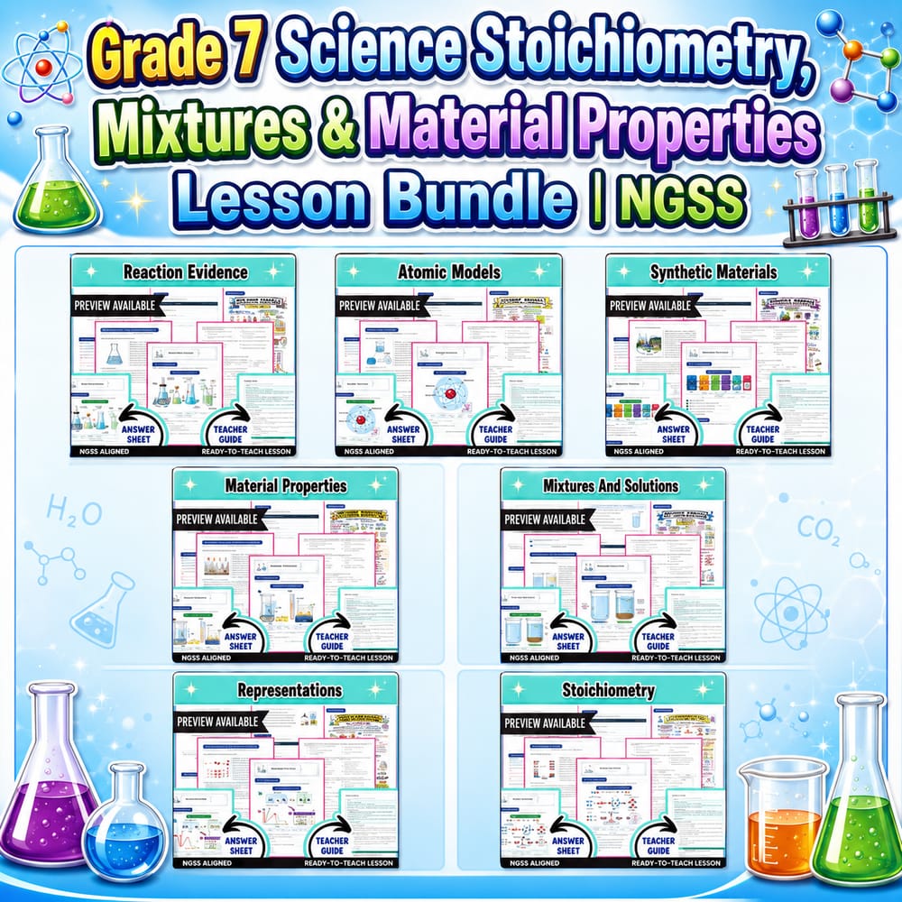 Grade 7 Science Stoichiometry, Mixtures & Material Properties Lesson Bundle | NGSS — bundle cover