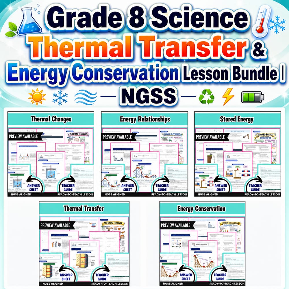 Grade 8 Science Thermal Transfer & Energy Conservation Lesson Bundle | NGSS — bundle cover