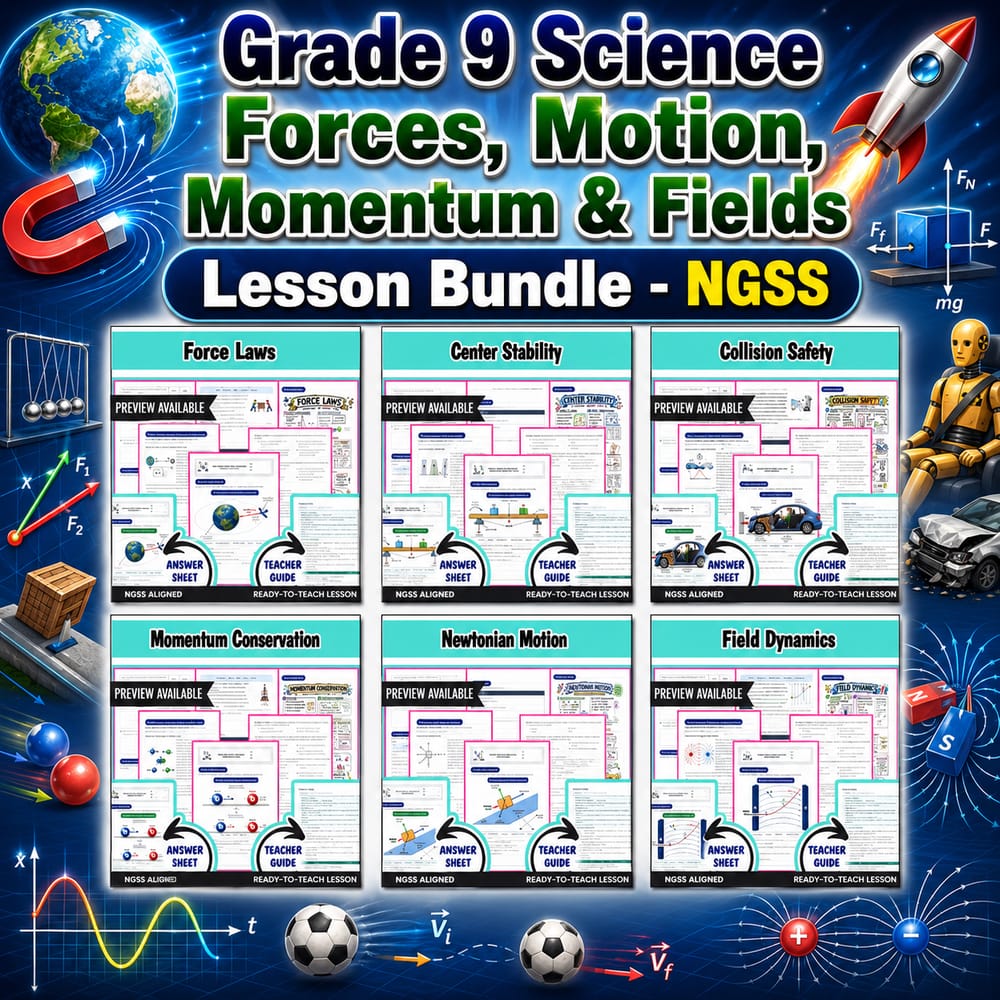 Grade 9 Science Forces, Motion, Momentum & Fields Lesson Bundle – NGSS — bundle cover