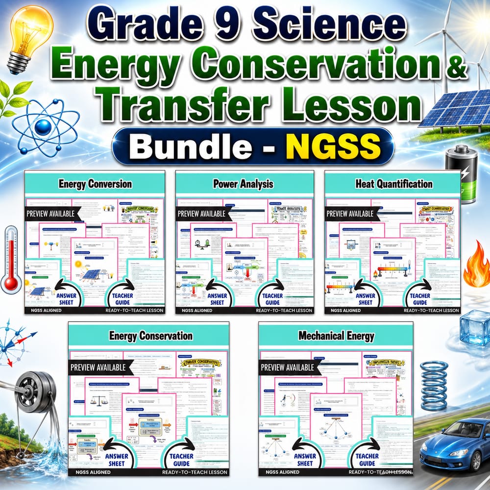 Grade 9 Science Energy Conservation & Transfer Lesson Bundle – NGSS — bundle cover