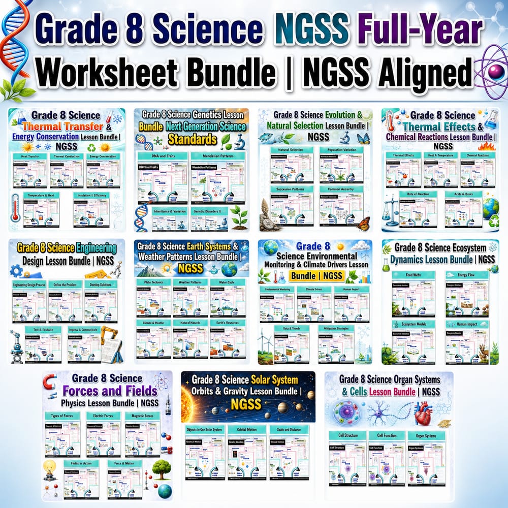 Grade 8 Science NGSS Full-Year Worksheet Bundle | NGSS Aligned — bundle cover