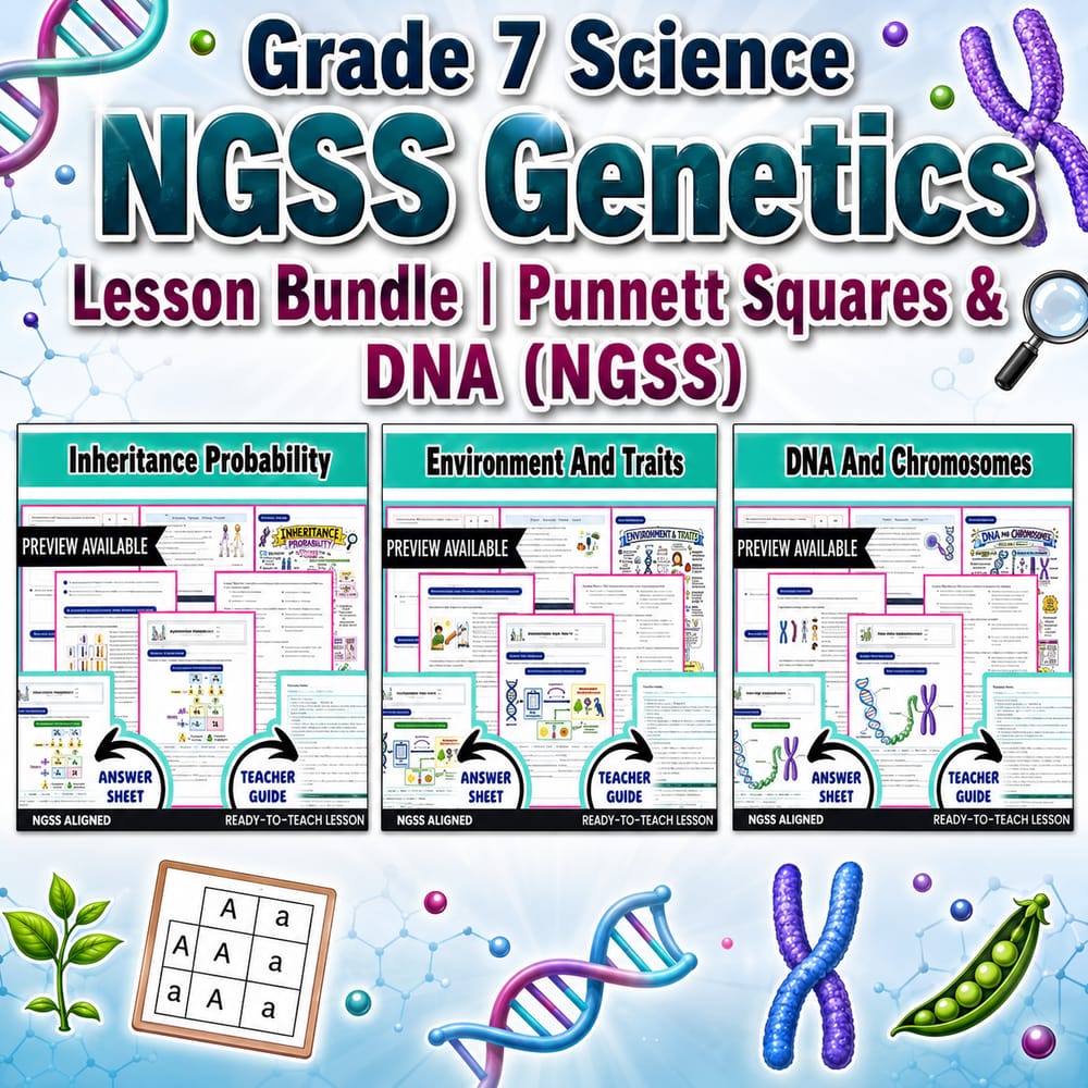 Grade 7 Science NGSS Genetics Lesson Bundle | Punnett Squares & DNA (NGSS) — bundle cover