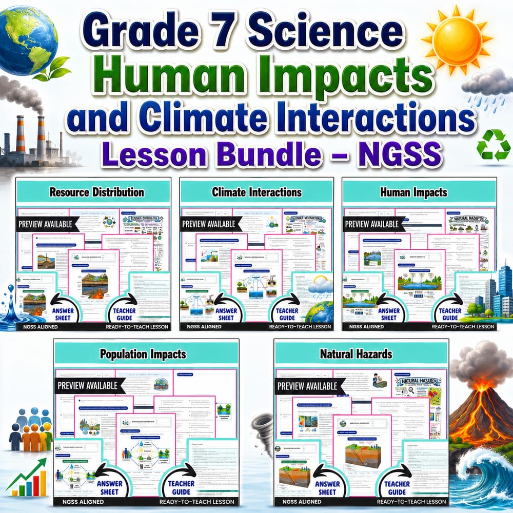 Grade 7 Science Human Impacts and Climate Interactions Lesson Bundle – NGSS — bundle cover