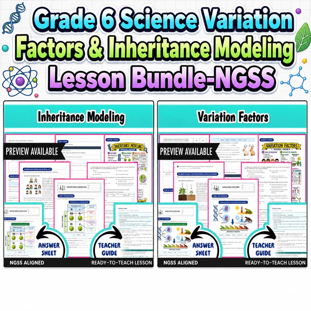 Grade 6 Science Variation Factors & Inheritance Modeling Lesson Bundle–NGSS — bundle cover
