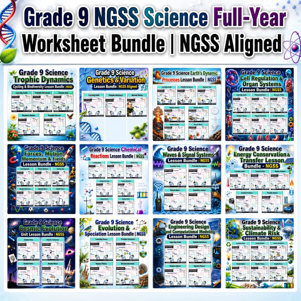 Grade 9 NGSS Science Full-Year Worksheet Bundle | NGSS Aligned — bundle cover