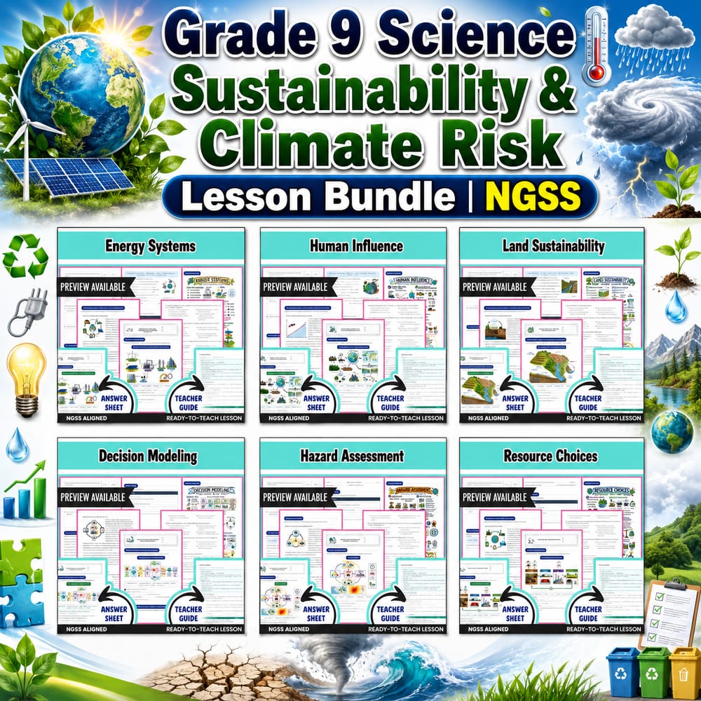 Grade 9 Science Sustainability & Climate Risk Lesson Bundle | NGSS — bundle cover