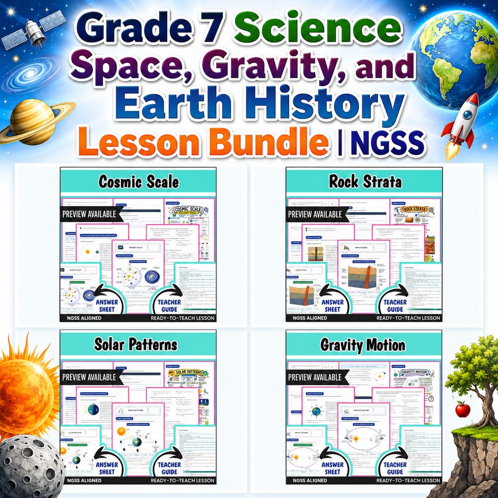 Grade 7 Science Space, Gravity, and Earth History Lesson Bundle | NGSS — bundle cover