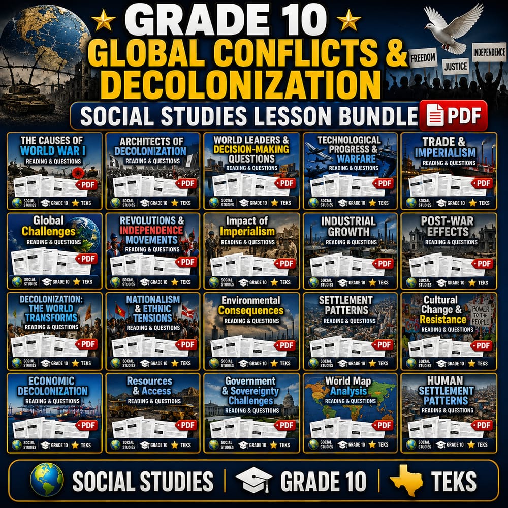 Grade 10 Global Conflicts & Decolonization Social Studies Lesson Bundle TEKS — bundle cover