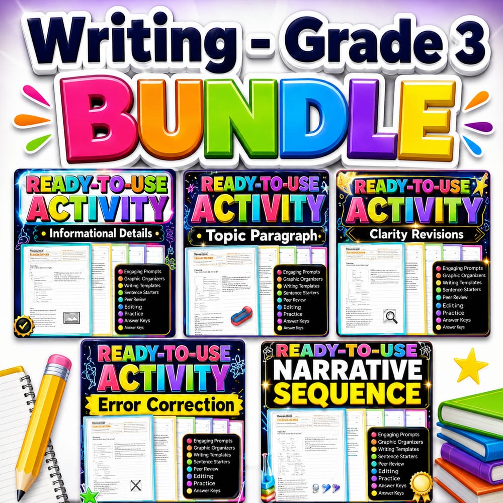 Grade 3 ELA Paragraph Writing Lesson Bundle: Narrative & Info Text Skills — bundle cover