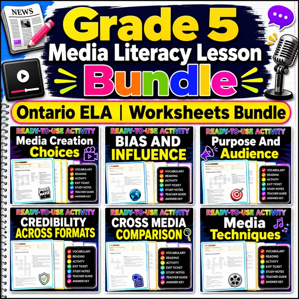 Grade 5 Media Literacy Lesson Bundle | Ontario ELA | Worksheets Bundle — bundle cover