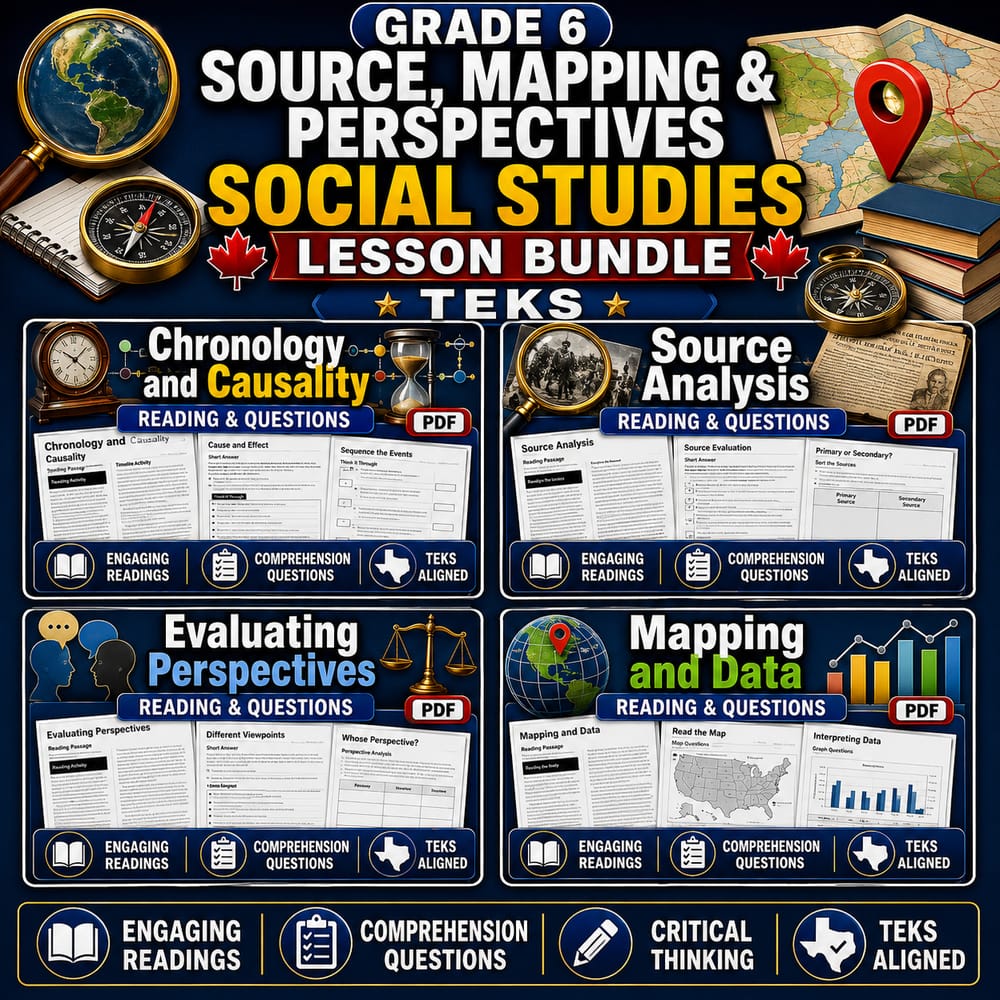 Grade 6 Source, Mapping & Perspectives Social Studies Lesson Bundle – TEKS — bundle cover