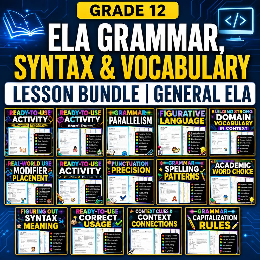 Grade 12 ELA Grammar, Syntax & Vocabulary Lesson Bundle | General ELA — bundle cover