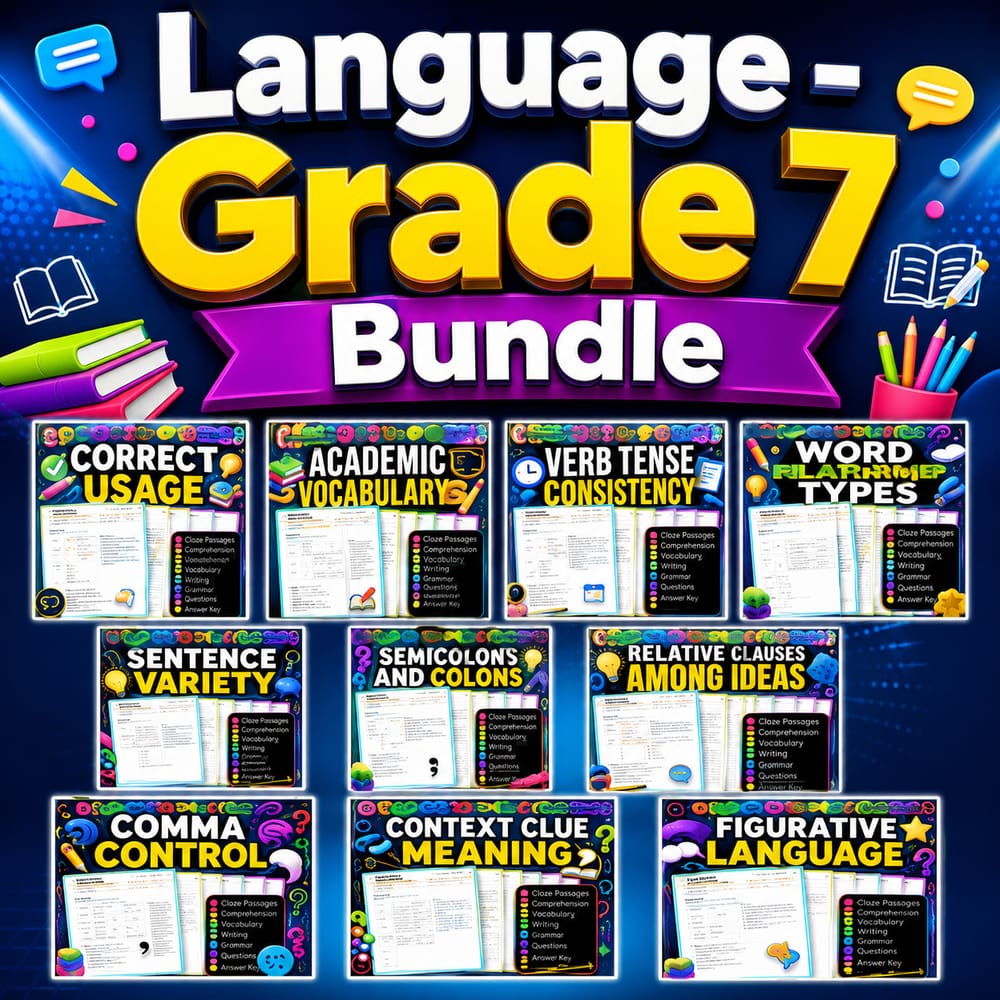 Grade 7 Language Lesson Bundle | General ELA Writing & Vocabulary — bundle cover