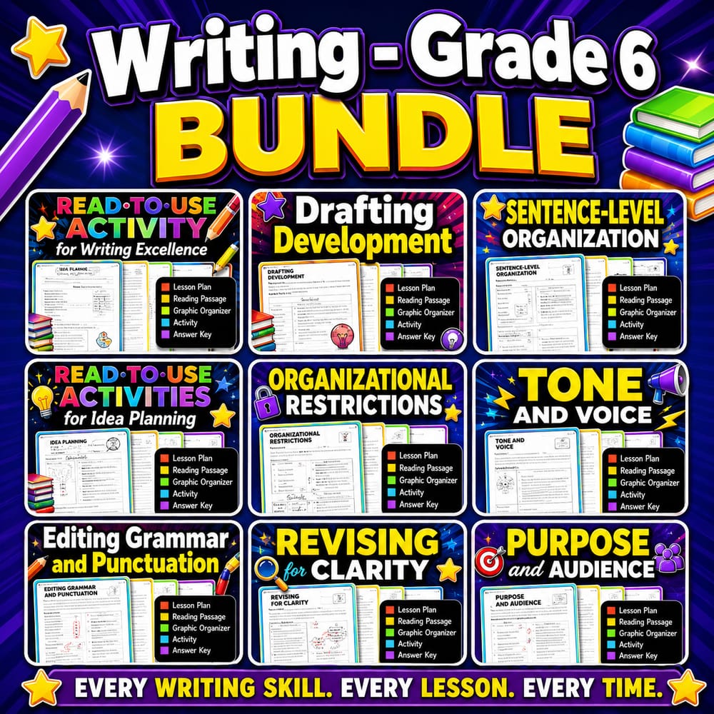 Grade 6 Writing Lesson Bundle | ELA Writing Skills | BC — bundle cover