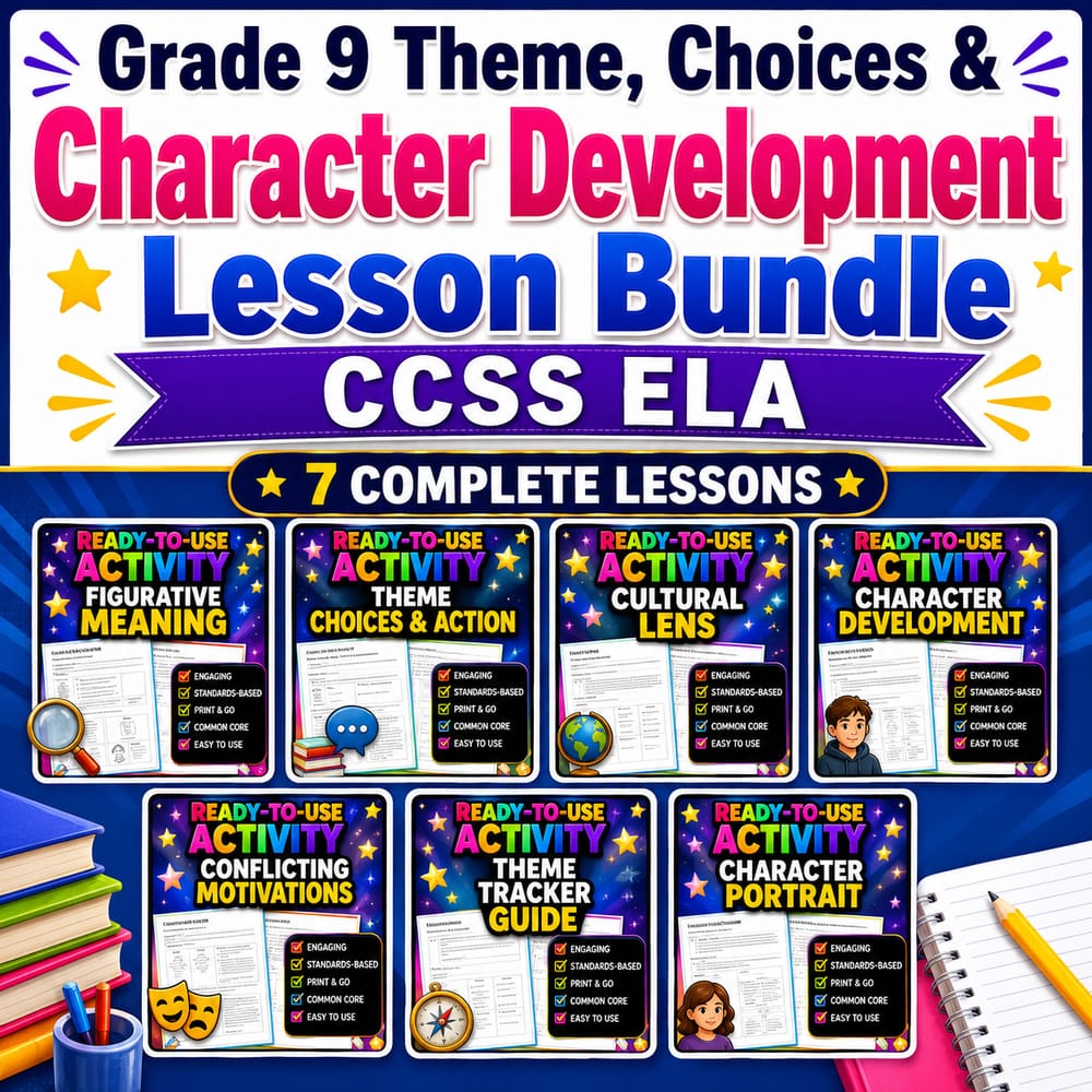 Grade 9 Theme, Choices & Character Development Lesson Bundle | CCSS ELA — bundle cover