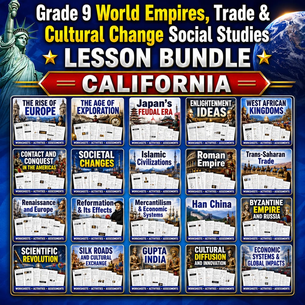 Grade 9 World Empires, Trade & Cultural Change Social Studies Lesson Bundle | California — bundle cover
