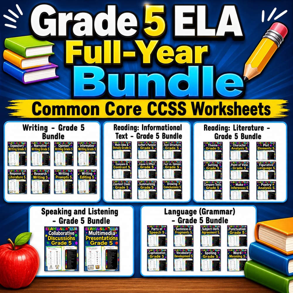 Grade 5 ELA Full-Year Bundle | Common Core CCSS Worksheets — bundle cover