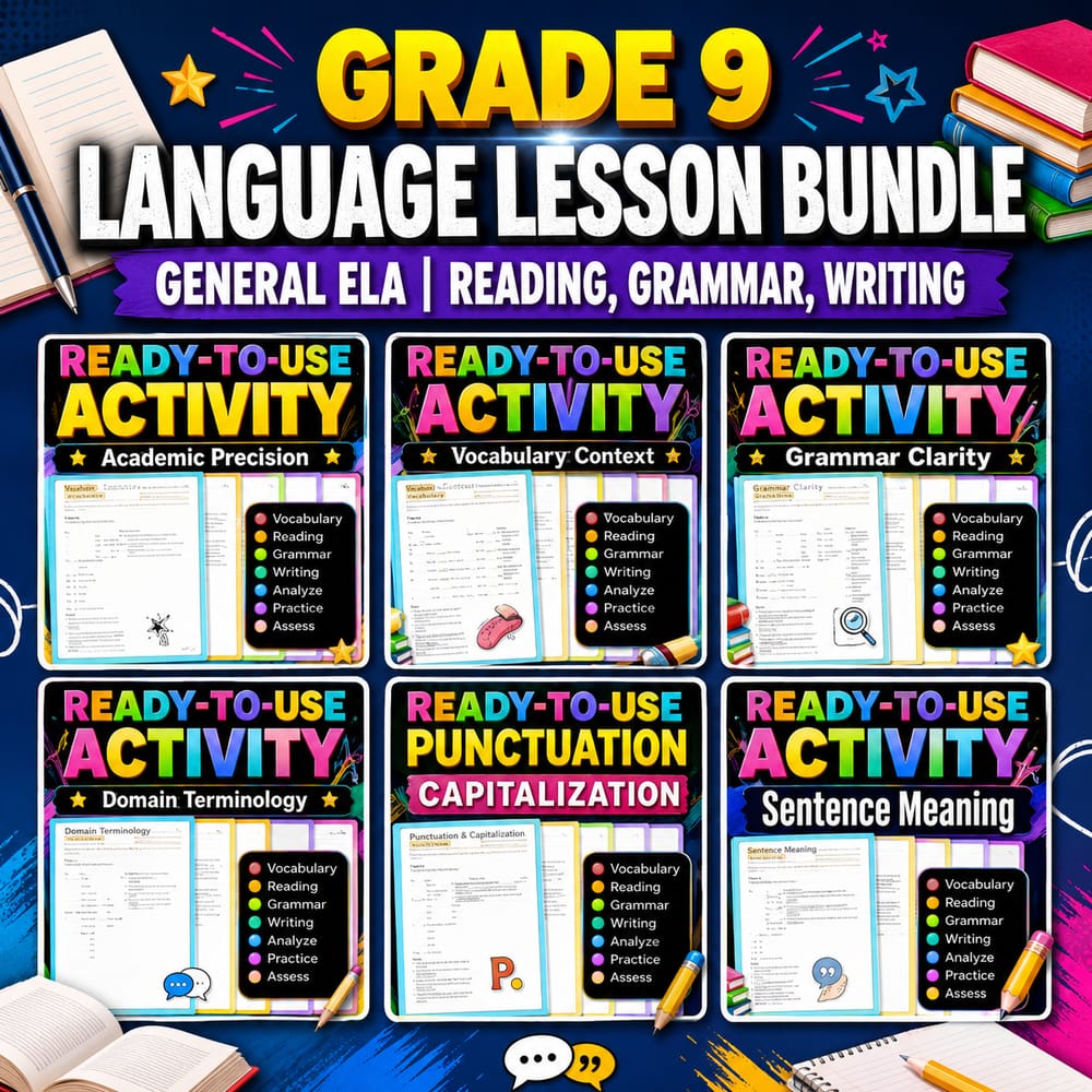 Grade 9 Language Lesson Bundle | General ELA | Reading, Grammar, Writing — bundle cover