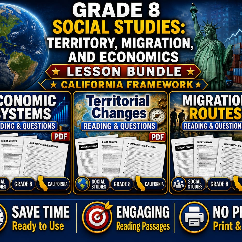 Grade 8 Social Studies: Territory, Migration, and Economics Lesson Bundle | California — bundle cover