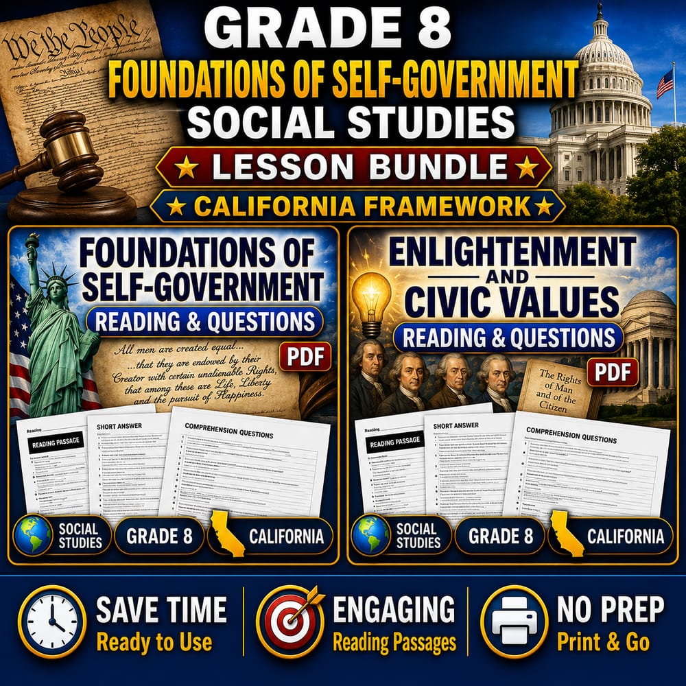 Grade 8 Foundations of Self-Government Social Studies lesson bundle | California — bundle cover