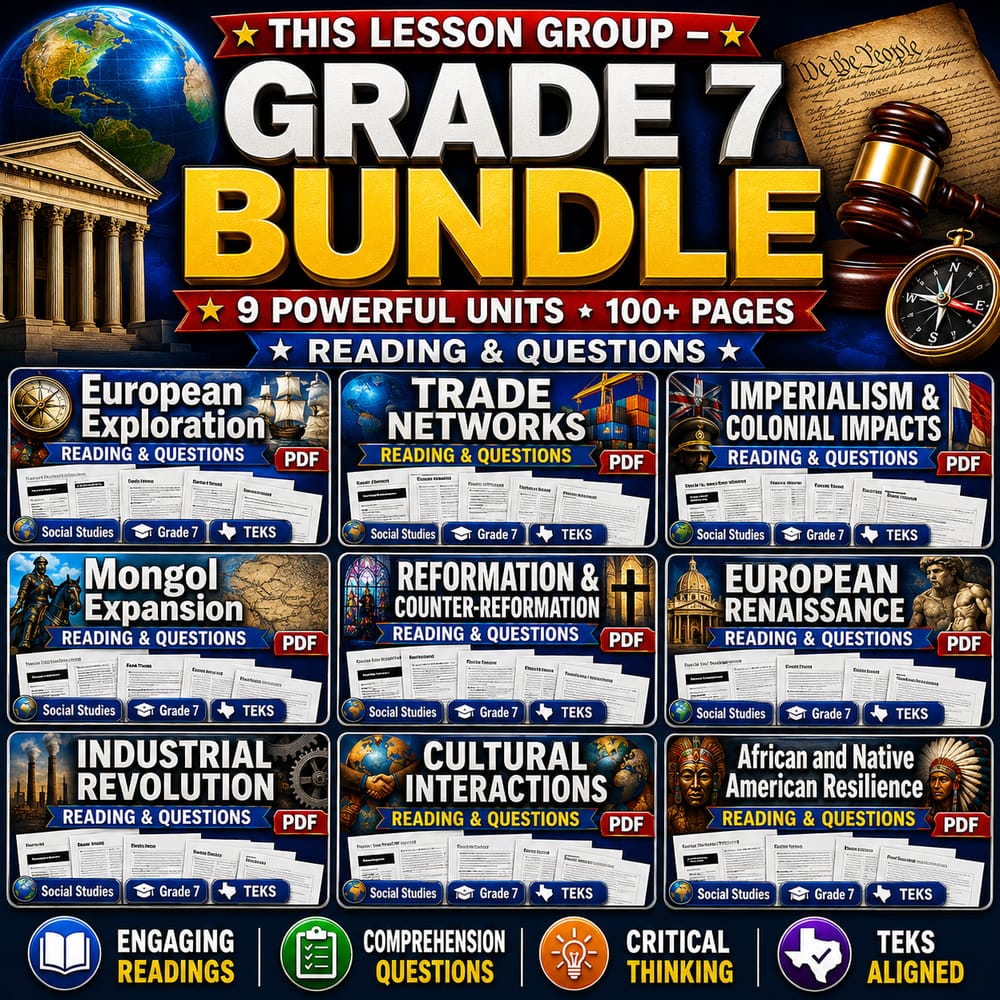 Grade 7 History Social Studies Lesson Bundle TEKS 9-Worksheet Set Guide — bundle cover