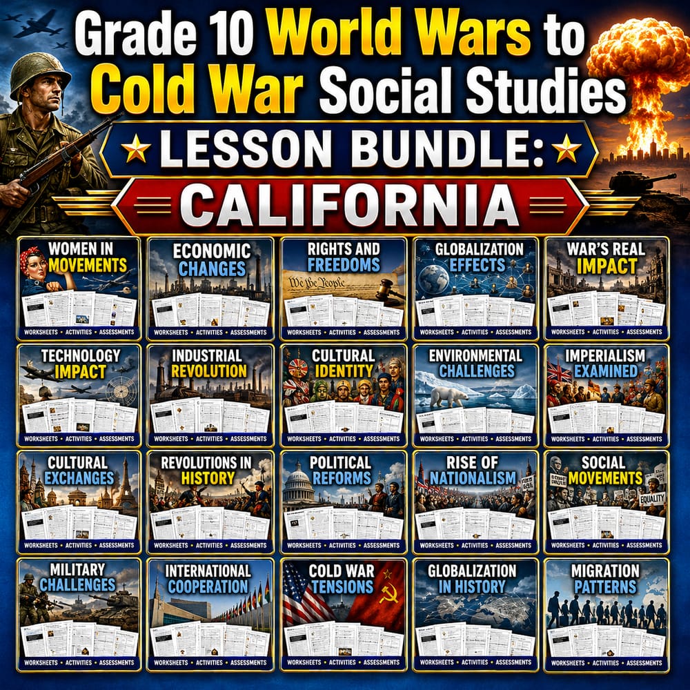 Grade 10 World Wars to Cold War Social Studies Lesson Bundle: California — bundle cover