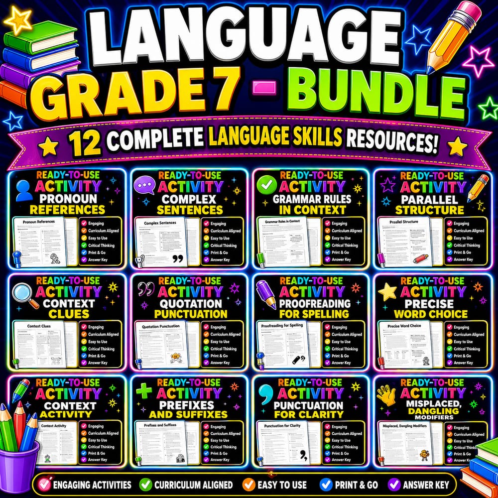 Grade 7 Language Lesson Bundle | Alberta ELA Grammar & Writing — bundle cover