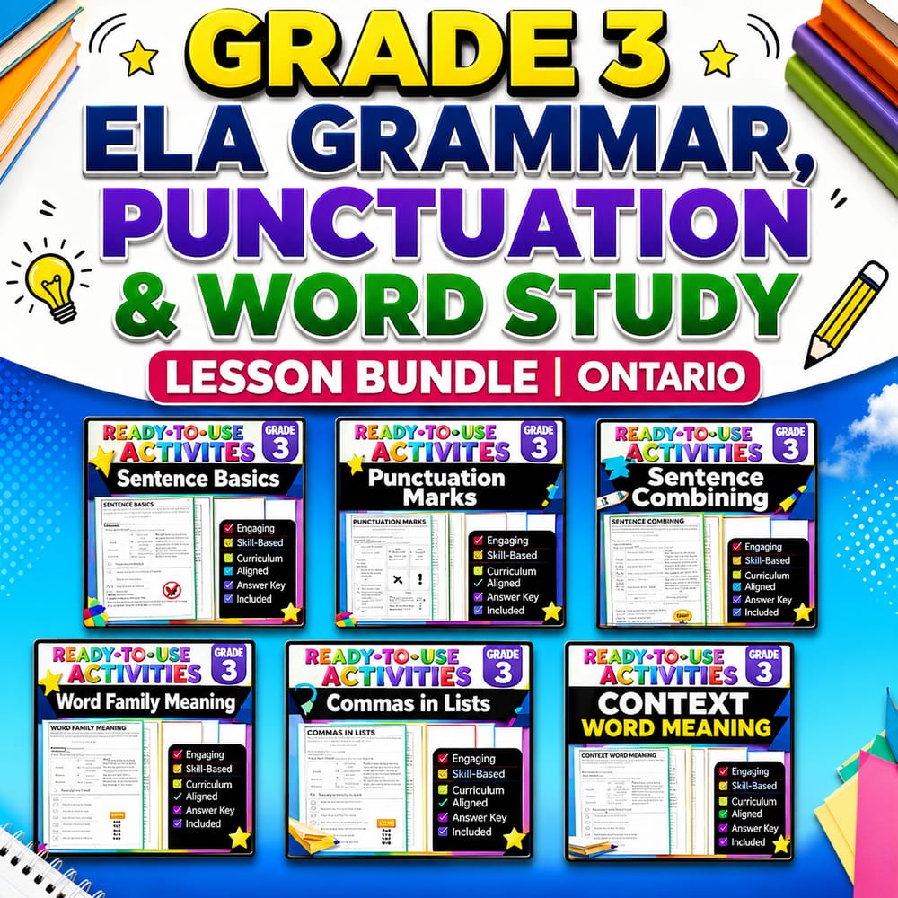 Grade 3 ELA Grammar, Punctuation & Word Study Lesson Bundle | Ontario — bundle cover