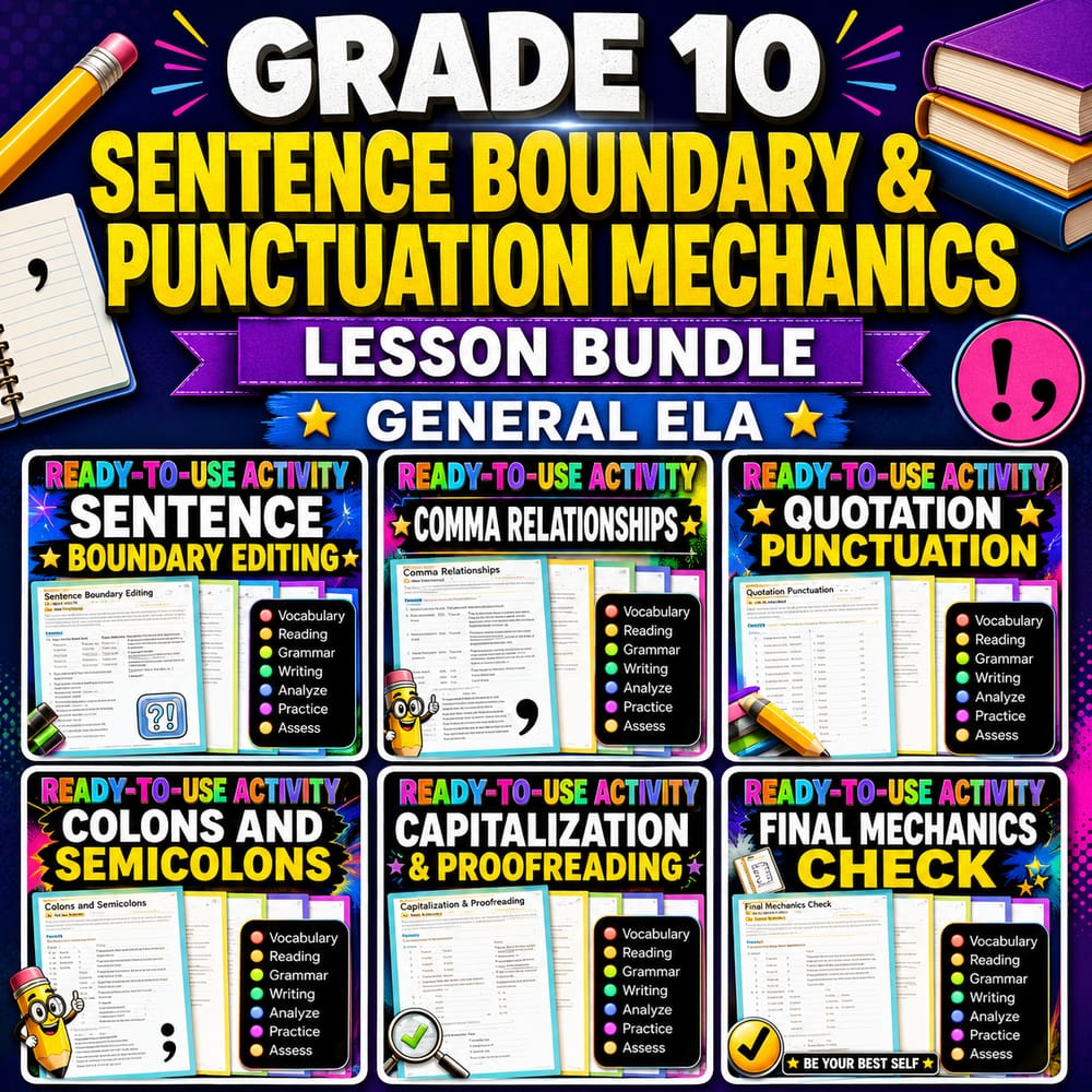 Grade 10 Sentence Boundary & Punctuation Mechanics Lesson Bundle | General ELA — bundle cover
