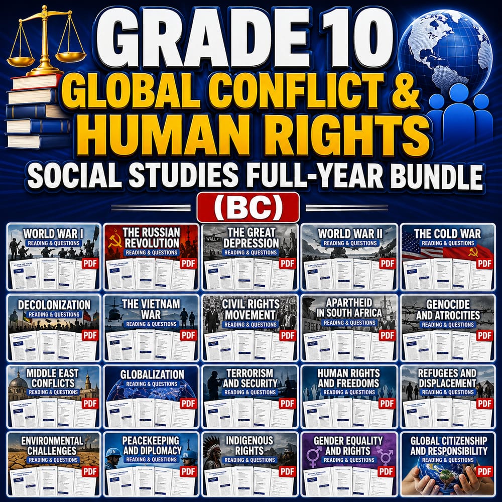 Grade 10 Global Conflict & Human Rights Social Studies Full-Year Bundle (BC) — bundle cover